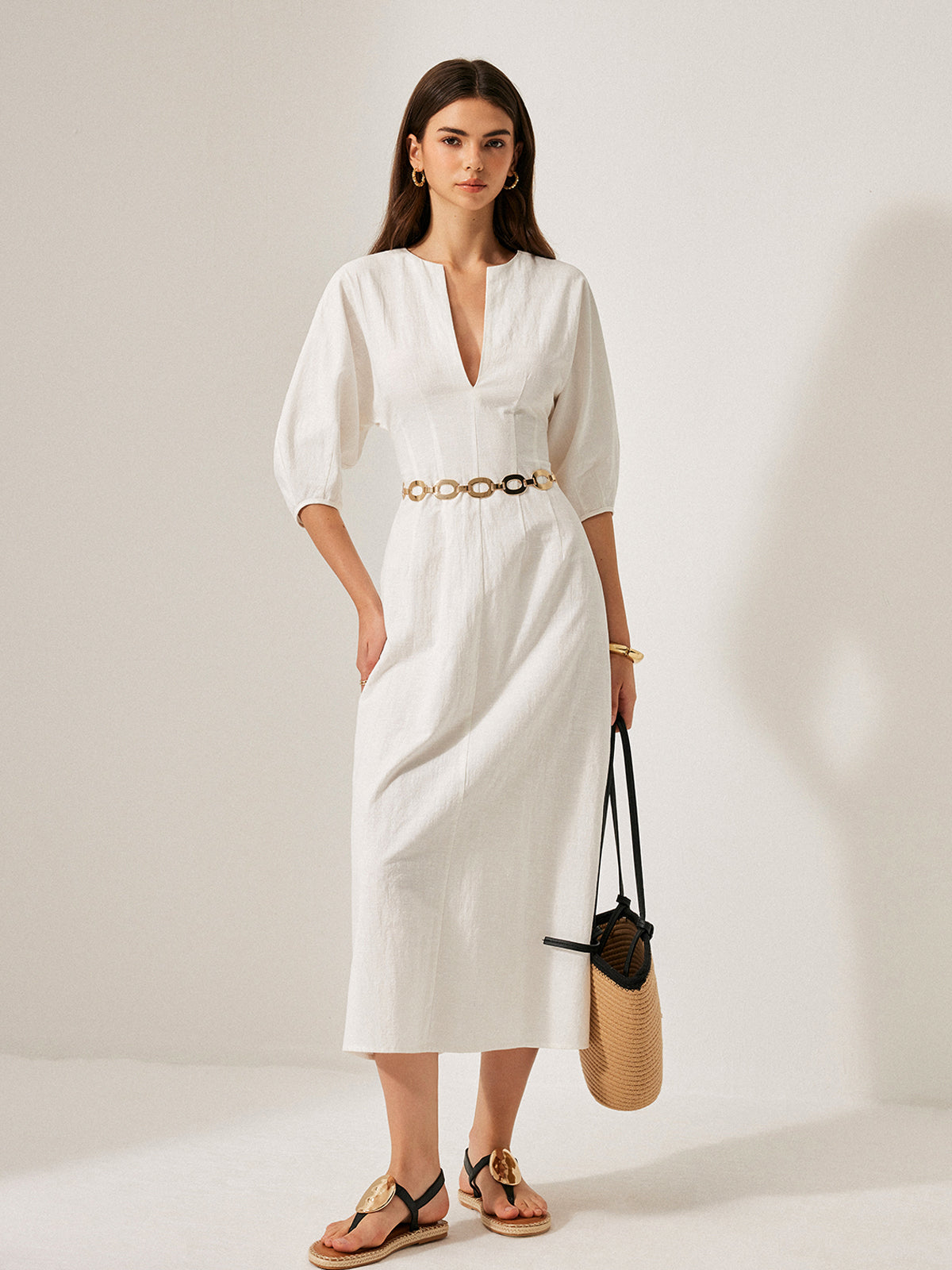 Cotton & Linen Puff Sleeve Dress Without Belt